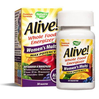 ХРАНИТЕЛНИ ДОБАВКИ ХРАНИТЕЛНИ ДОБАВКИ Мултивитамини за жени максимум сила Алайв - Alive! Women's Multi Max Potency Whole Food Energizer, 30 таблетки